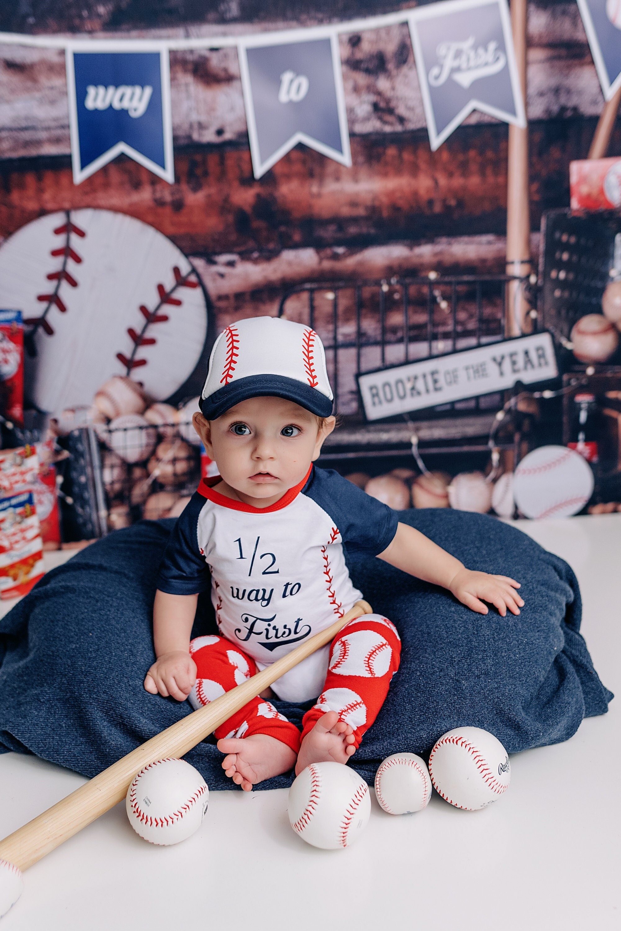 Half Birthday Baseball Outfit: Personalized Infant Bodysuit, Leg Warmers, Hat & Banner