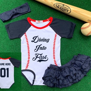 First Birthday Personalized Baseball Outfit Infant Bodysuit Diving Into First Bloomers Set