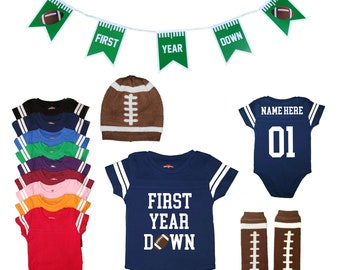 Eerste jaar naar beneden Eerste verjaardag voetbaluniform jersey outfit banner beenwarmers set