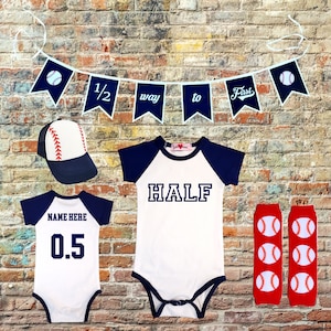 Boys half birthday outfit | Six month birthday | Halfway to one | 6 month | Baseball outfit | Halfway to first® | 1/2 way to first®