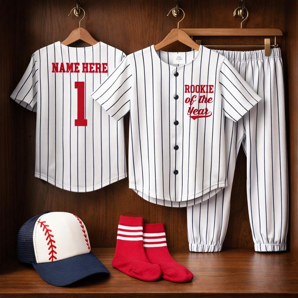 Rookie of the Year 1st Birthday Outfit - Baseball Jersey, Pinstripe Pants, Hat, Socks