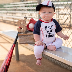 Boys Half Birthday Personalized Baseball Boys Outfit Infant Bodysuit Set 1/2 Way To First® #halfwaytofirst