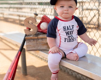 Boys Half Birthday Personalized Baseball Boys Outfit Infant Bodysuit Set 1/2 Way To First® #halfwaytofirst