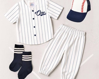 Personalized First Birthday Jersey ONE Navy Blue Pinstripe Pants Outfit Baseball Infant Set