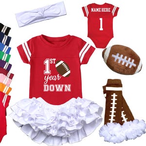 Girls First Birthday First Year Down Personalized Football Uniform Jersey Outfit Banner Leg Warmers Set 9 Colors