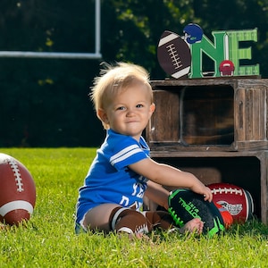 Football Cake smash outfit Stripe Sleeve Football Bodysuit Choice Of 9 Colors Football 1st Birthday Jersey