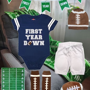 Personalized Birthday Football Uniform Jersey Outfit Banner Leg Warmers Set | 9 Colors | Choose Name & Number First Year Down