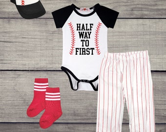 Half Birthday Baseball Outfit Infant Bodysuit Set Halfway 1/2 Way To First® Personalized Black Sleeve Red Pinstripe Pants