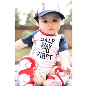 Halfway To First Half Birthday Personalized Baseball Boys Outfit Infant Bodysuit Set 1/2 Half Way To First® #halfwaytofirst