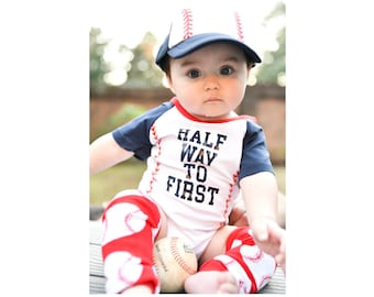 Halfway To First Half Birthday Personalized Baseball Boys Outfit Infant Bodysuit Set 1/2 Half Way To First® #halfwaytofirst
