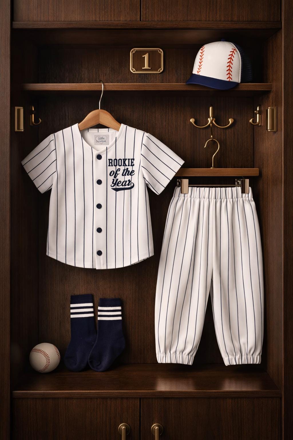 Rookie of the Year Baseball Outfit Navy Pinstripe Jersey and Pants Set