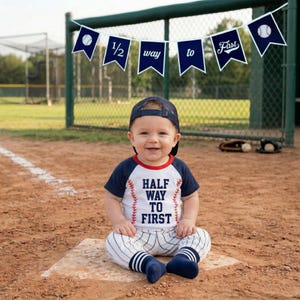 Personalized Half Birthday Baseball Outfit: Navy Pinstripe Bodysuit Set