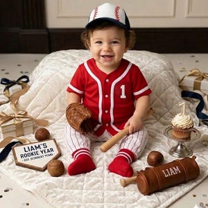 Camiseta de béisbol personalizada para bebé: uniforme de raya roja, nombre y número personalizados