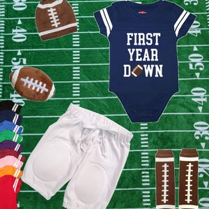 First Year Down Football Cake Smash Outfit | Stripe Sleeve Football Bodysuit Choice Of 9 Colors  1st Birthday Jersey Pants Accessories