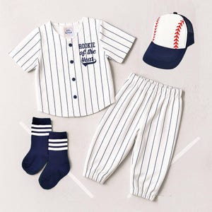 Personalized Rookie Of The Year First Birthday Jersey Navy Blue Pinstripe Pants Outfit Baseball Infant Set