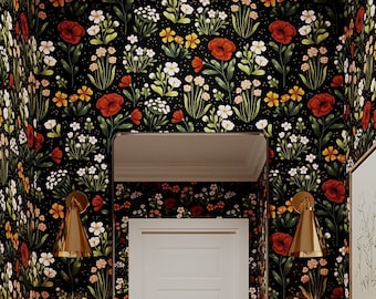 Red Flower Pattern Wallpaper | Peel & Stick | Pre-pasted | Unpasted Materials | Dark Floral Wallcoverings by Green Planet Print