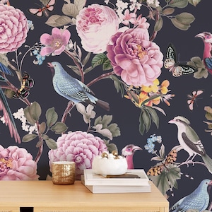 Floral Eden Wallpaper on Navy Background  - Removable Self Adhesive Wallpaper - Fabric Peel & Stick Wallpaper Mural, Nursery by Green Planet