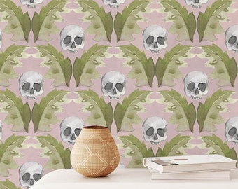 Skulls and Foliage Pattern Wallpaper - Removable Self Adhesive Wallcovering - Peel & Stick and Pre-pasted Wall Mural by Green Planet Print