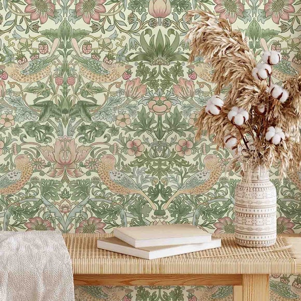 Peel & Stick Wallpaper - William Morris Strawberry Thief Pattern - Removable Pre-pasted Wallcovering - Wall Mural by Green Planet Home Décor
