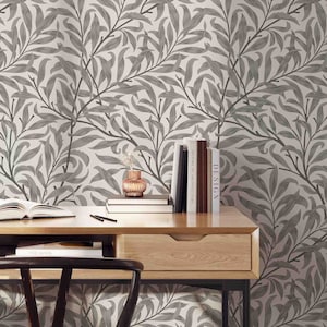 Peel & Stick Wallpaper - William Morris Willow Bough Pattern - Grey Background - Removable Pre-pasted Wallcovering - Wall Murals by GP