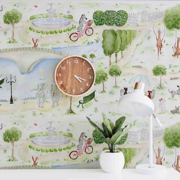 Peel and Stick Wallpaper - Animals In the Park Mural - Self-Adhesive Removable Wallcovering - Pre-pasted & Unpasted - Kids Room Interior