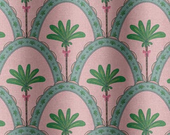 May include: A repeating pattern featuring green palm trees with pink bows on a pink backdrop. The palm trees are set within teal scalloped arches with a white dotted border. The design has a vintage, tropical aesthetic, suitable for fabric or wallpaper.