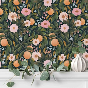 Oranges & Flowers Wallpaper - Removable Self Adhesive Peel and Stick Wallcovering - Pre-pasted - Modern Wall Mural by Green Planet Print