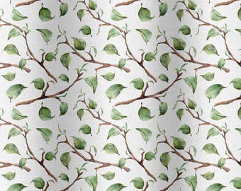 May include: A repeating pattern of watercolour branches and leaves. The branches are brown, and the leaves are various shades of green. The background is white. The design is suitable for fabric or wallpaper.