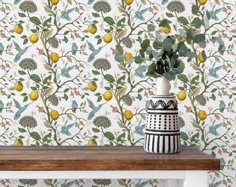 Peel-and-Stick-behang Hummingbird & Lemons (Small Scale) - verwijderbare zelfklevende wandbekleding - muurschildering met vogelpatroon van Green Planet