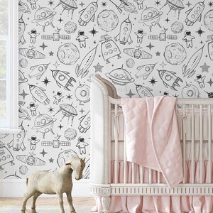 Woven Peel & Stick Kid's Wallpaper Removable Self Adhesive Wallpaper Pre-pasted Wallpaper Robots in Cosmos Pattern Wallcovering