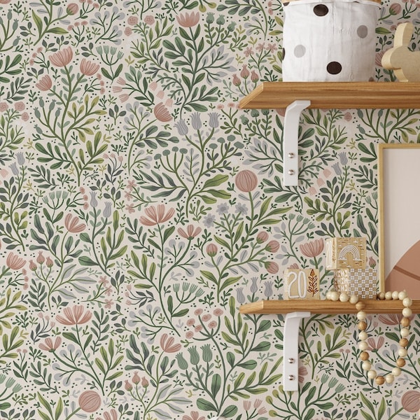 Floral Pattern Peel and Stick Wallpaper - Self-Adhesive Removable Wallcovering - Fabric & Light Canvas Texture Wall Murals by Green Planet