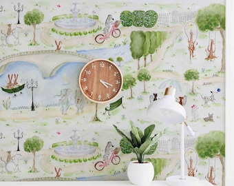 Peel and Stick Wallpaper - Animals In the Park Mural - Self-Adhesive Removable Wallcovering - Pre-pasted & Unpasted - Kids Room Interior