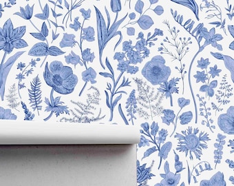 Removable Self Adhesive Wallpaper - Vintage Blue Floral Pattern - Fabric Peel and Stick Wallpaper, Vintage Floral Wallpaper by Green Planet