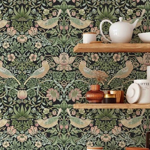 Peel & Stick Wallpaper - William Morris Strawberry Thief Pattern - Removable Pre-pasted Wallcovering - Wall Mural by Green Planet Home Décor