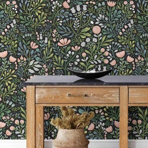 Floral Pattern Peel and Stick Wallpaper - Self-Adhesive Removable Wallcovering - Fabric & Light Canvas Texture Wall Murals by Green Planet