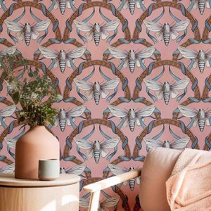 Victorian Moth & Art Deco Pattern Wallpaper - Self Adhesive Removable Pink Peel and Stick Wallcovering, Modern Wall Murals by Green Planet