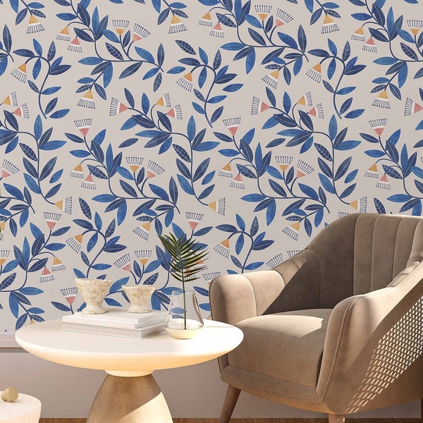 Blue Floral Vines Wallpaper - Removable Self Adhesive Wallcovering - Peel & Stick Floral Wall Mural by Green Planet, Nursery Wallcoverings
