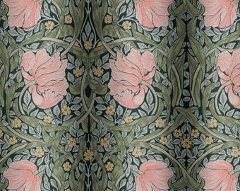 May include: A repeating pattern of pink flowers, green leaves, and yellow flowers on a dark green background. The pattern is reminiscent of Art Nouveau style.