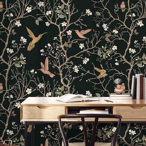 Golden Hummingbird Pattern on Dark Background Wallpaper - Removable Self Adhesive Wallcovering - Fabric Peel and Stick Wall Murals