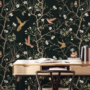 Papier peint motif colibri doré sur fond sombre - Revêtement mural auto-adhésif amovible - Décorations murales autocollantes