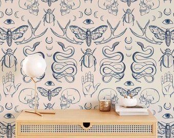 Skulls, Snakes & Magic Wallcovering - Removable Self Adhesive Wallpaper - Peel and Stick and Pre-pasted Blue Art Deco Mural by Green Planet
