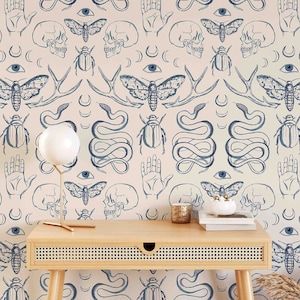 Skulls, Snakes & Magic Wallcovering - Removable Self Adhesive Wallpaper - Peel and Stick and Pre-pasted Blue Art Deco Mural by Green Planet