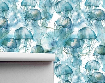 Jellyfish Pattern Wallcovering - Removable Self Adhesive Wallpaper - Peel & Stick - Pre-pasted Blue Ocean Life Mural by Green Planet