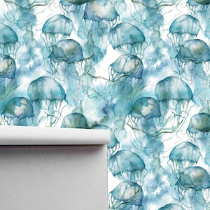 Jellyfish Pattern Wallcovering - Removable Self Adhesive Wallpaper - Peel & Stick - Pre-pasted Blue Ocean Life Mural by Green Planet