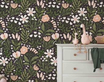 Floral Pattern Peel & Stick Wallpaper - Self-Adhesive Removable Wallcovering - Woven Canvas Texture Floral Wall Murals by Green Planet