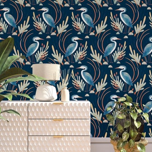 Blue Heron Pattern Wallpaper - Removable Self Adhesive Wallcovering - Peel & Stick Floral Wall Mural by Green Planet, Nursery Wallcoverings