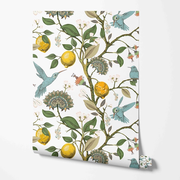 Hummingbird & Lemons Peel and Stick Wallpaper - Removable Self Adhesive Wallcovering - Birds Pattern Wall Murals by Green Planet Print