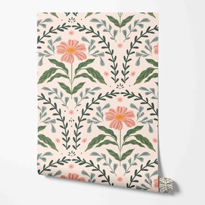 Floral Pattern - Peel & Stick Wallpaper - Self-Adhesive Removable Wallcovering - Pre-pasted - Unpasted Materials - Floral Art Deco Tile