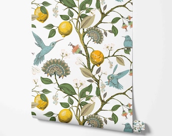 Hummingbird & Lemons Peel and Stick Wallpaper - Removable Self Adhesive Wallcovering - Birds Pattern Wall Murals by Green Planet Print