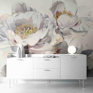 Peony Wall Mural - Peel & Stick Fabric Wallcovering - Self Adhesive Floral Wallpaper by Green Planet Print - Nursery Wallcovering